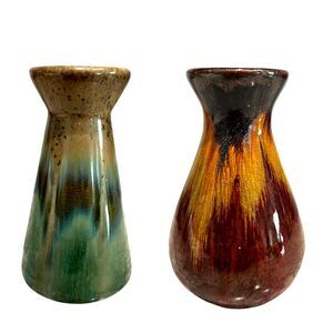 Pair Ceramic Flower Bud Vase Brown Gold Green 4.75" Pottery Shiny Gradient Ombre